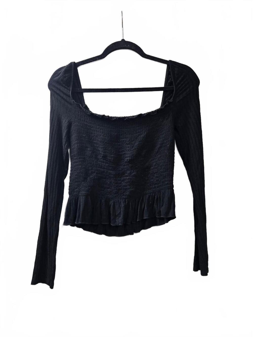 Gaze Black Long Sleeve Smocked Top with Ruffle Hem Size L